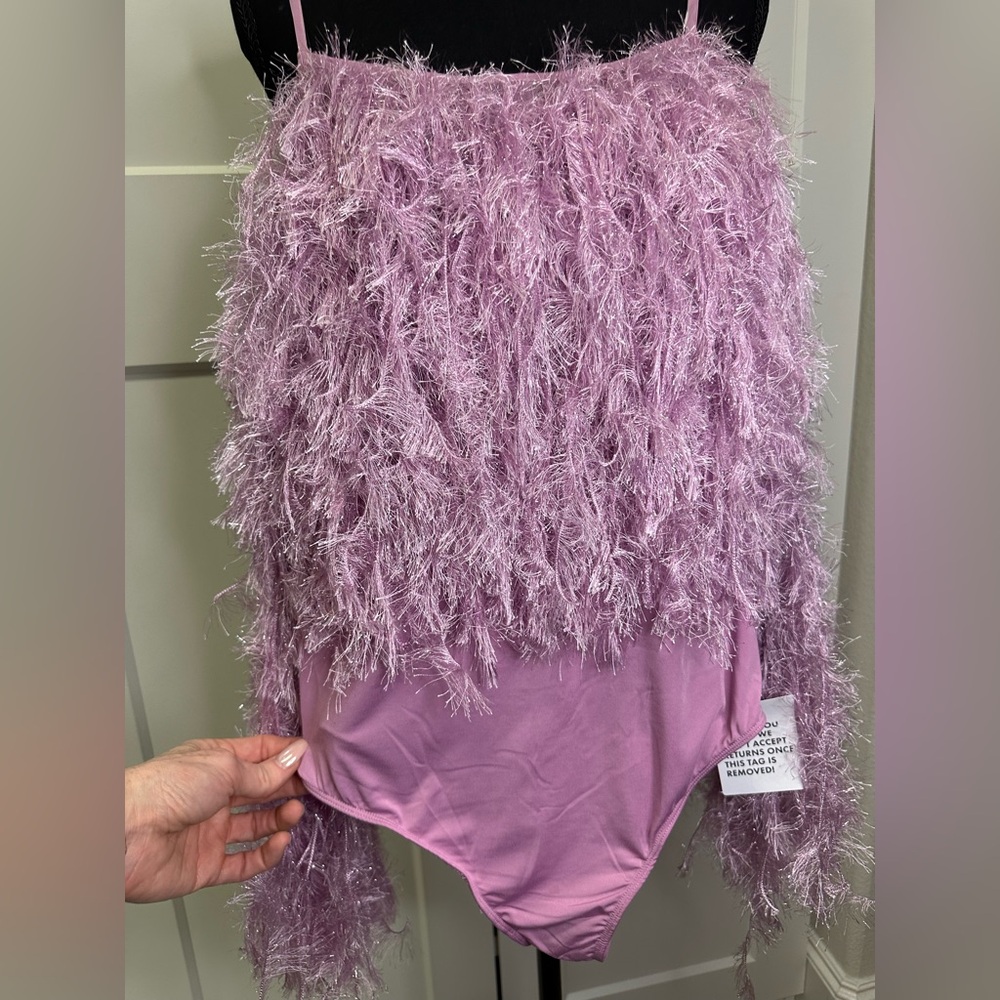 NWT ASOS Luxe Faux Feather Low Back Bodysuit, Size 8 - Picture 6 of 10